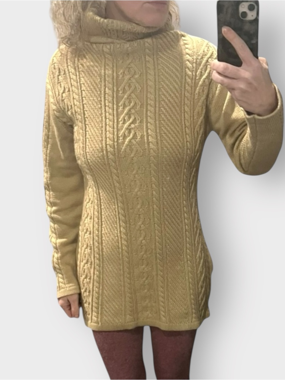 Cable Knit Turtleneck Sweater | M/L | Golden Beige Neutral Funnel Neck Longline